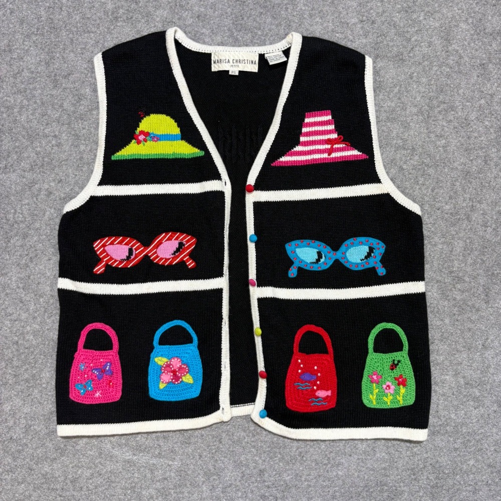 Marisa Christina Vintage Novelty Knit Sweater Vest Black Petite Small 0169